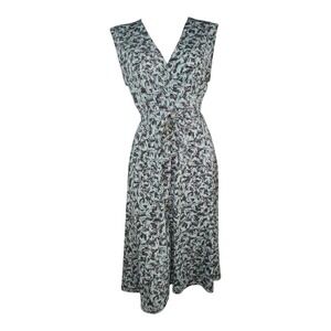 Leota Dress Womens Size L Large Black Green Blue Birds Pattern Belted Midi
